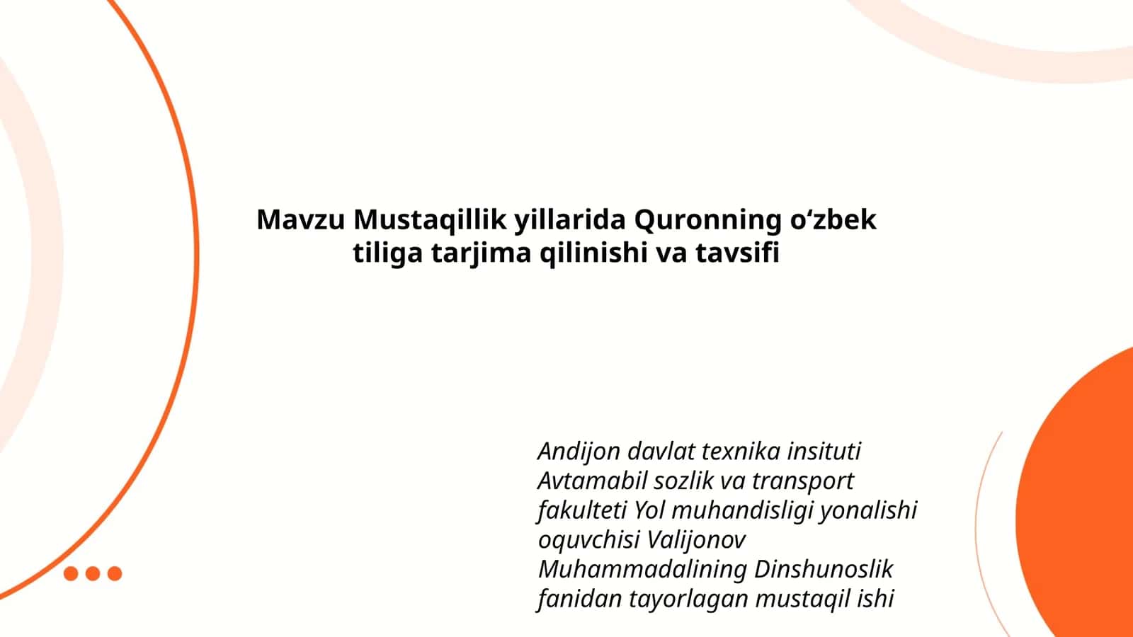 Dinshunoslik fanidan mustaqil ish