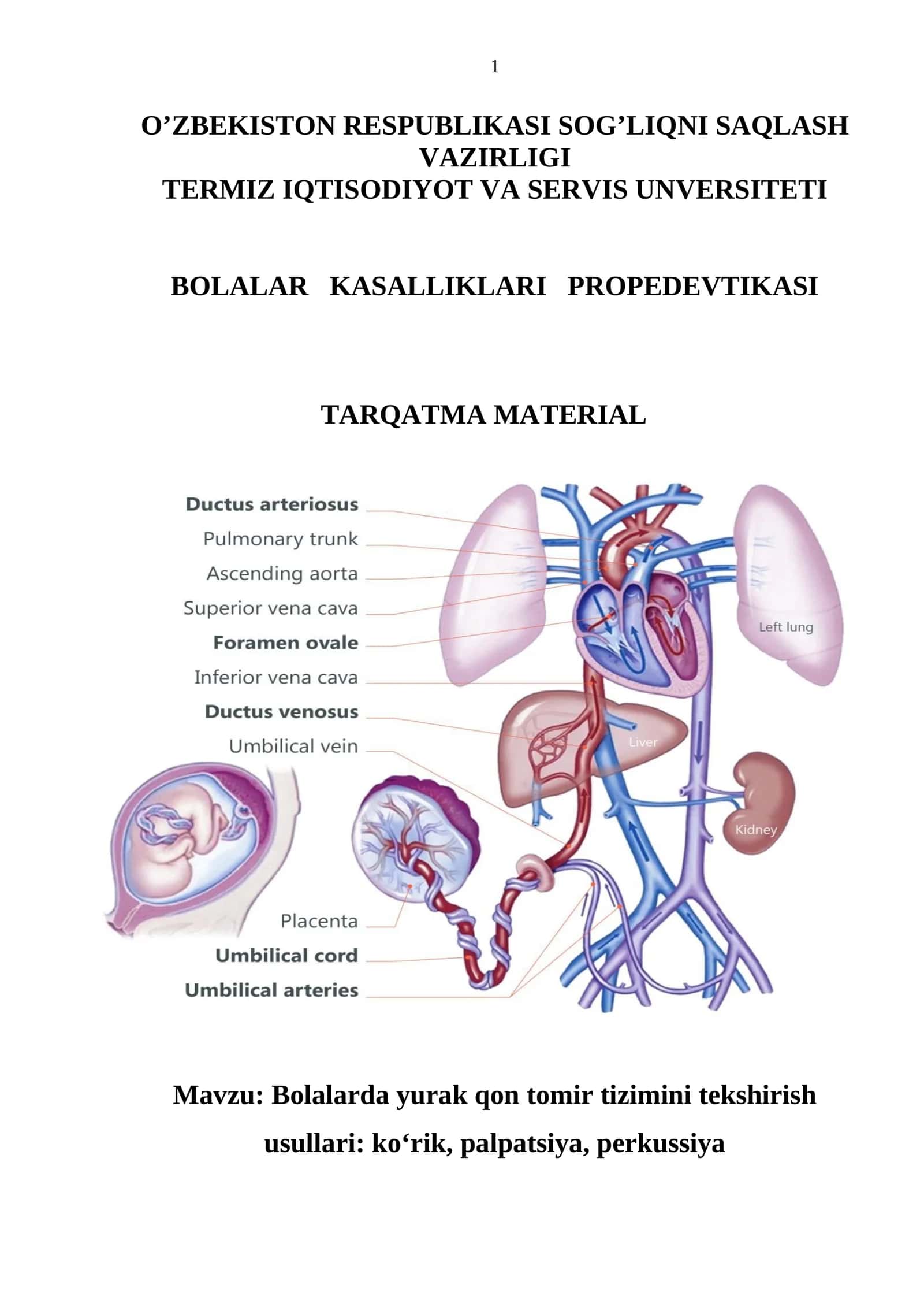 Bolalarda yurak qon tomir tizimini tekshirish usullari: ko‘rik, palpatsiya, perkussiya