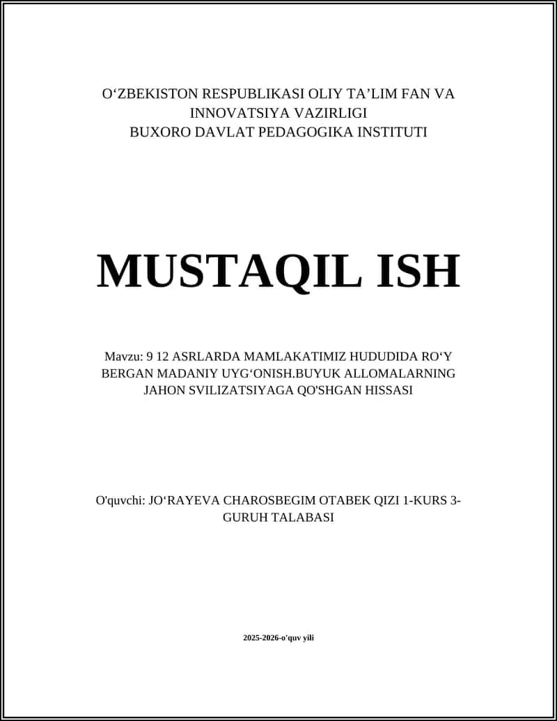 9-12 asrlarda Mamlakatimiz Hududida Roʻy Bergan Madaniy Uygʻonish