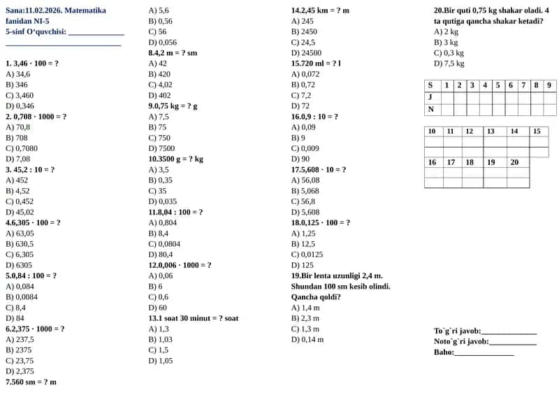 Matematika fanidan 5-Nazorat ishi. 5-sinflar uchun