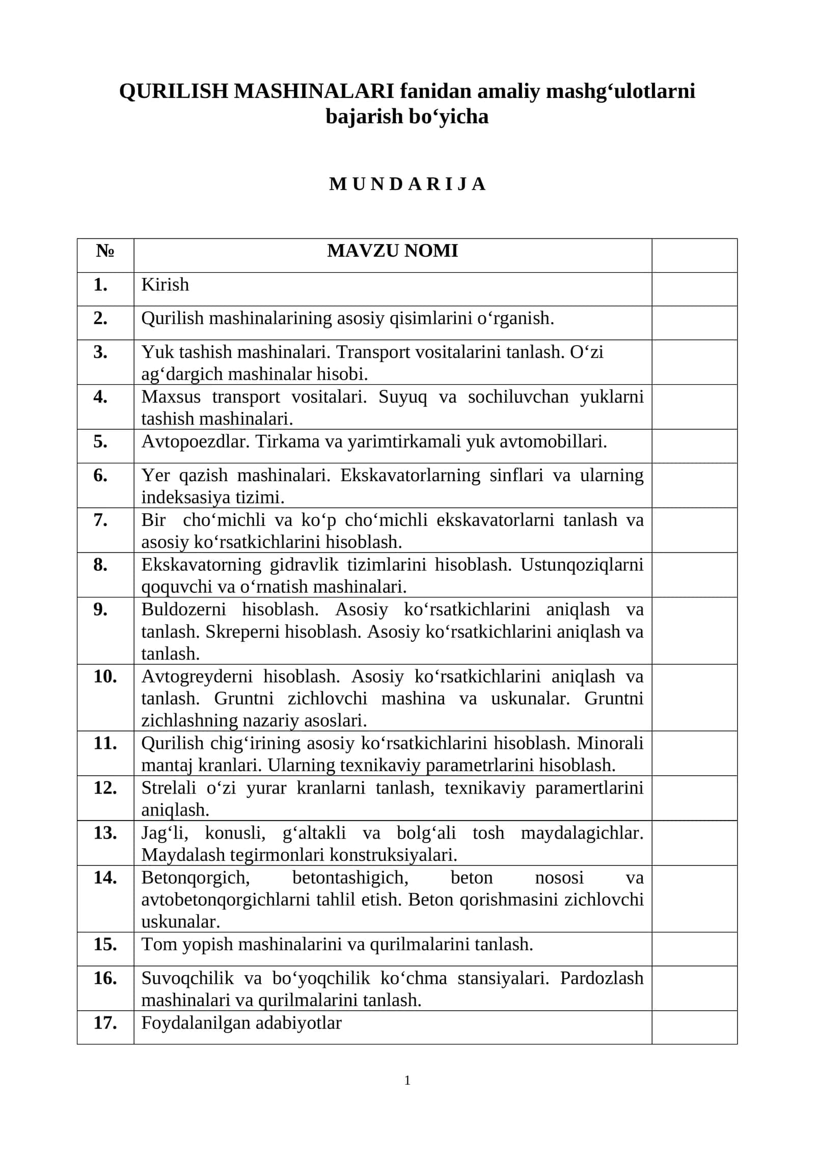 Qurilish mashinalari fanidan amaliy mashgʻulotlarni bajarish boʻyicha