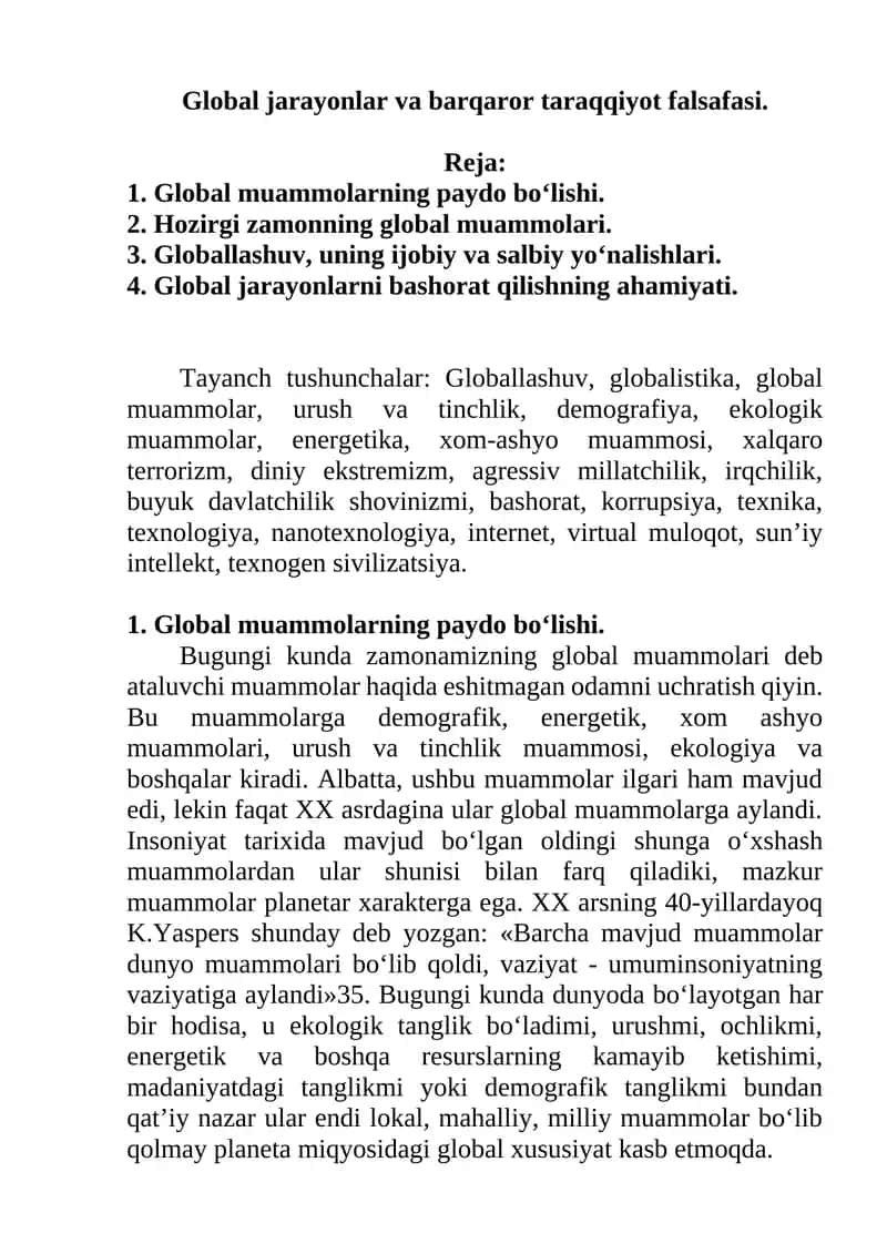 Global jarayonlar va barqaror taraqqiyot falsafasi