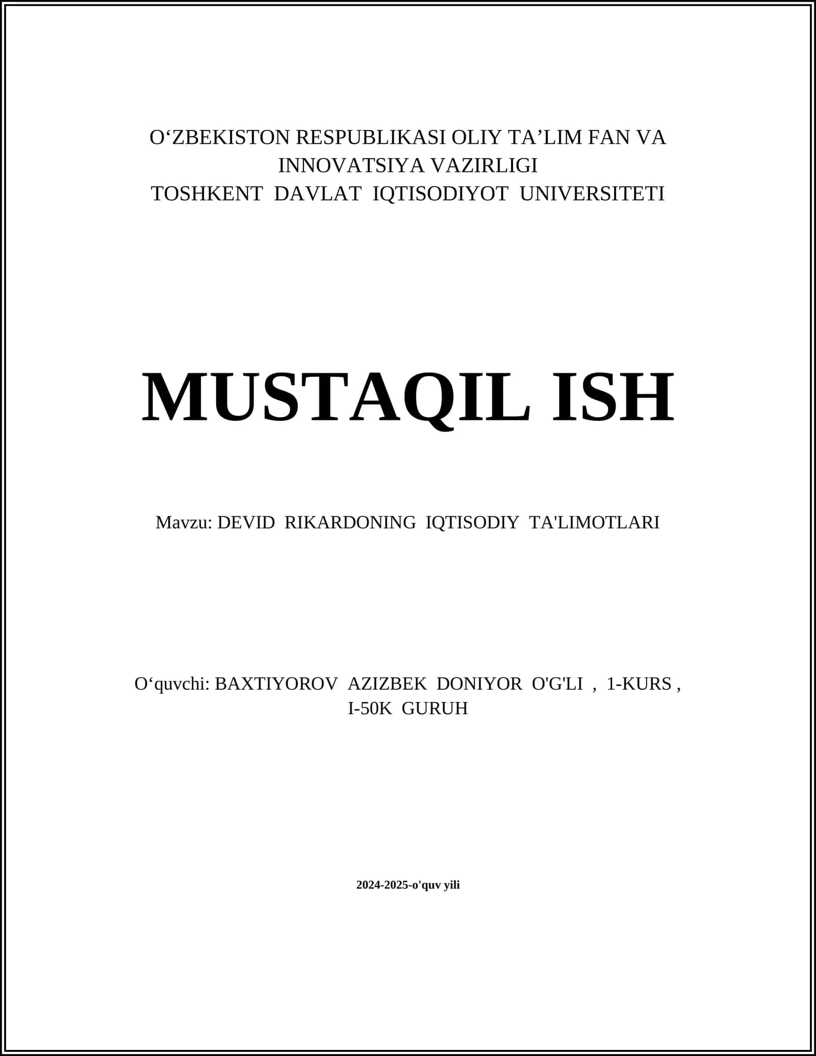 DEVID RIKARDONING IQTISODIY TA'LIMOTLARI