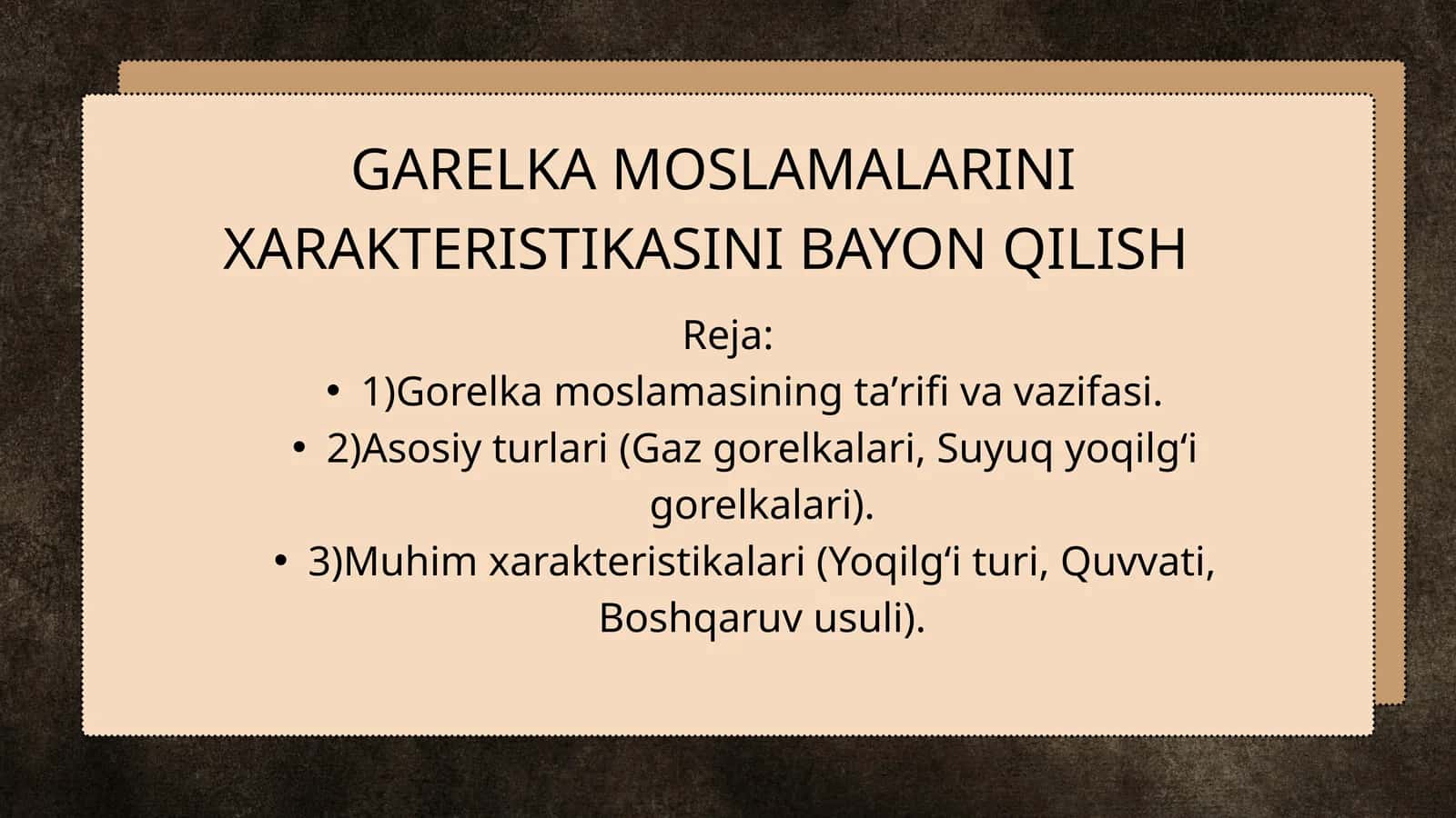 GARELKA MOSLAMALARINI XARAKTERISTIKASINI BAYON QILISH