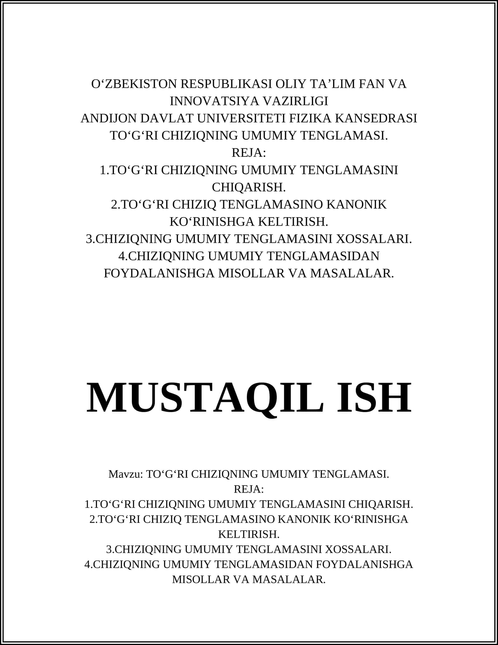 TOʻGʻRI CHIZIQNING UMUMIY TENGLAMASI