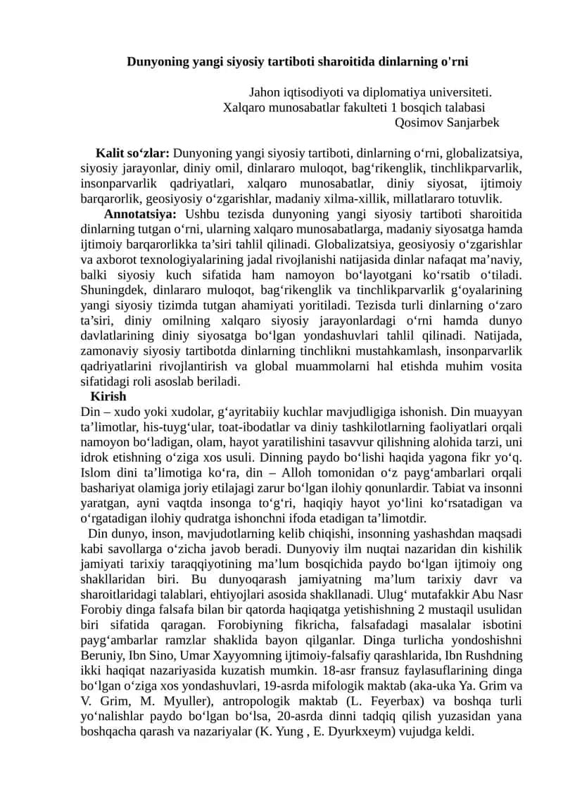 Dunyoning yangi siyosiy tartiboti sharoitida dinlarning o'rni