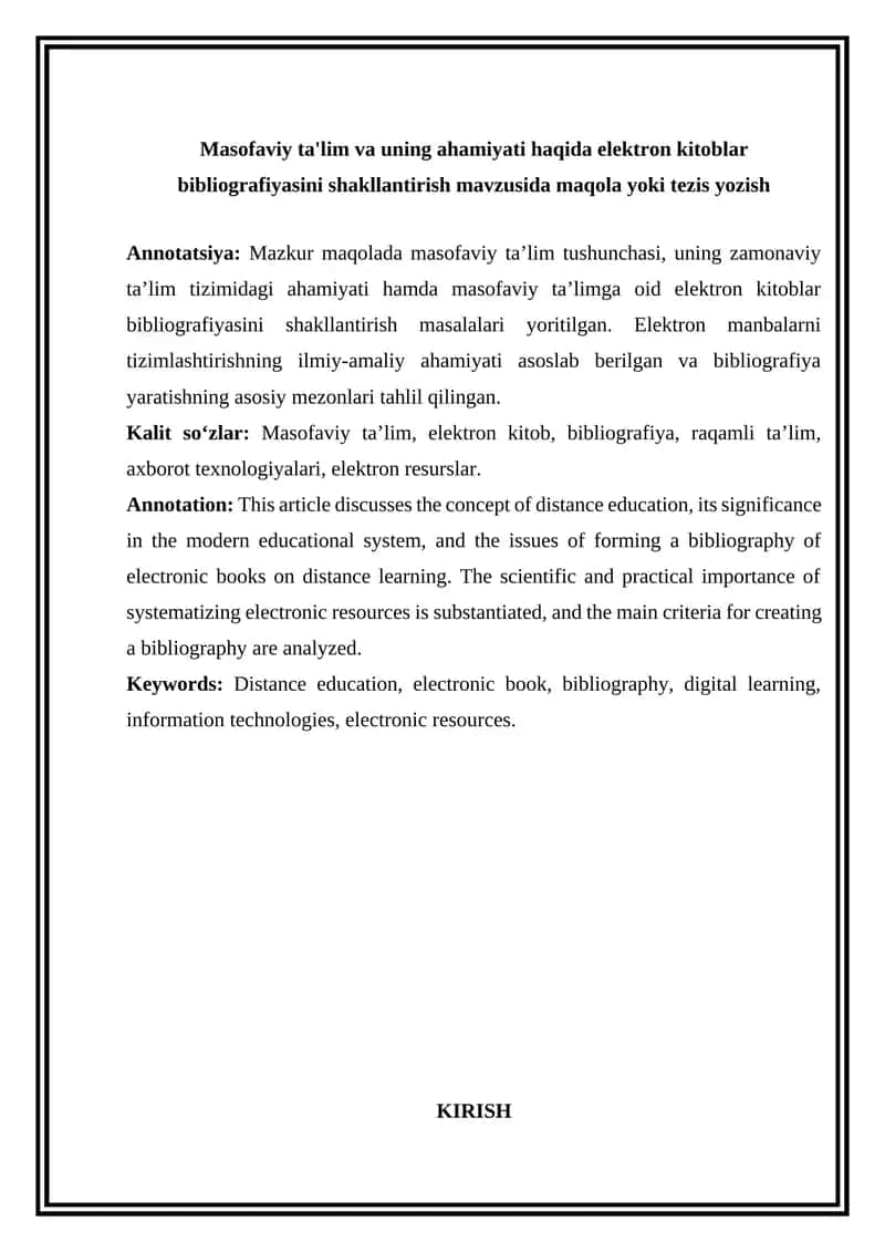 Masofaviy ta'lim va uning ahamiyati haqida elektron kitoblar bibliografiyasini shakllantirish