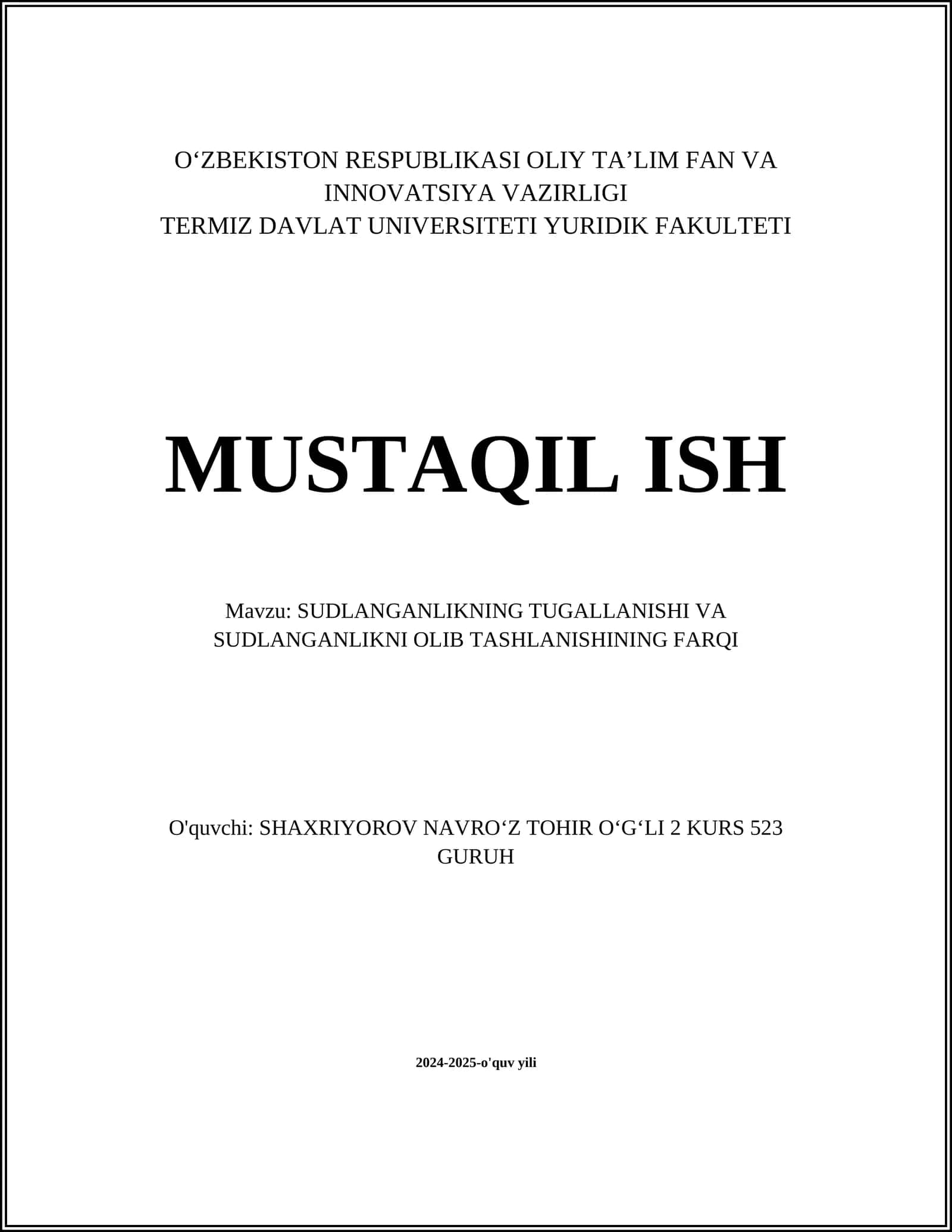 SUDLANGANLIKNING TUGALLANISHI VA SUDLANGANLIKNI OLIB TASHLANISHINING FARQI