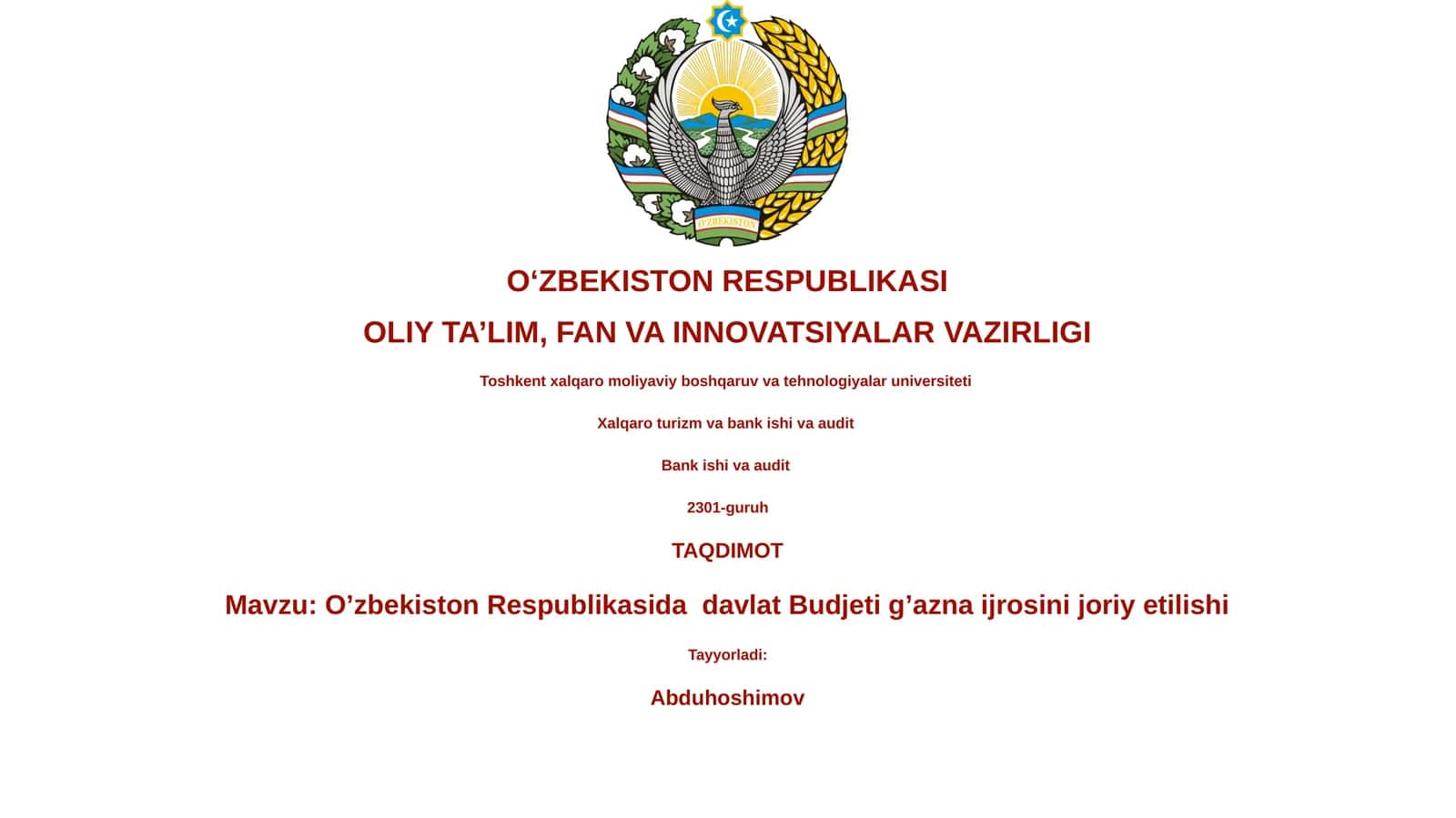 O‘zbekiston Respublikasida davlat Budjeti g’azna ijrosini joriy etilishi