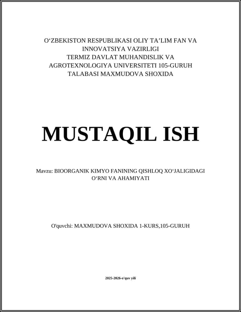 BIOORGANIK KIMYO FANINING QISHLOQ XOʻJALIGIDAGI OʻRNI VA AHAMIYATI