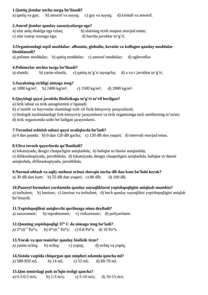 Biofizika test savollari