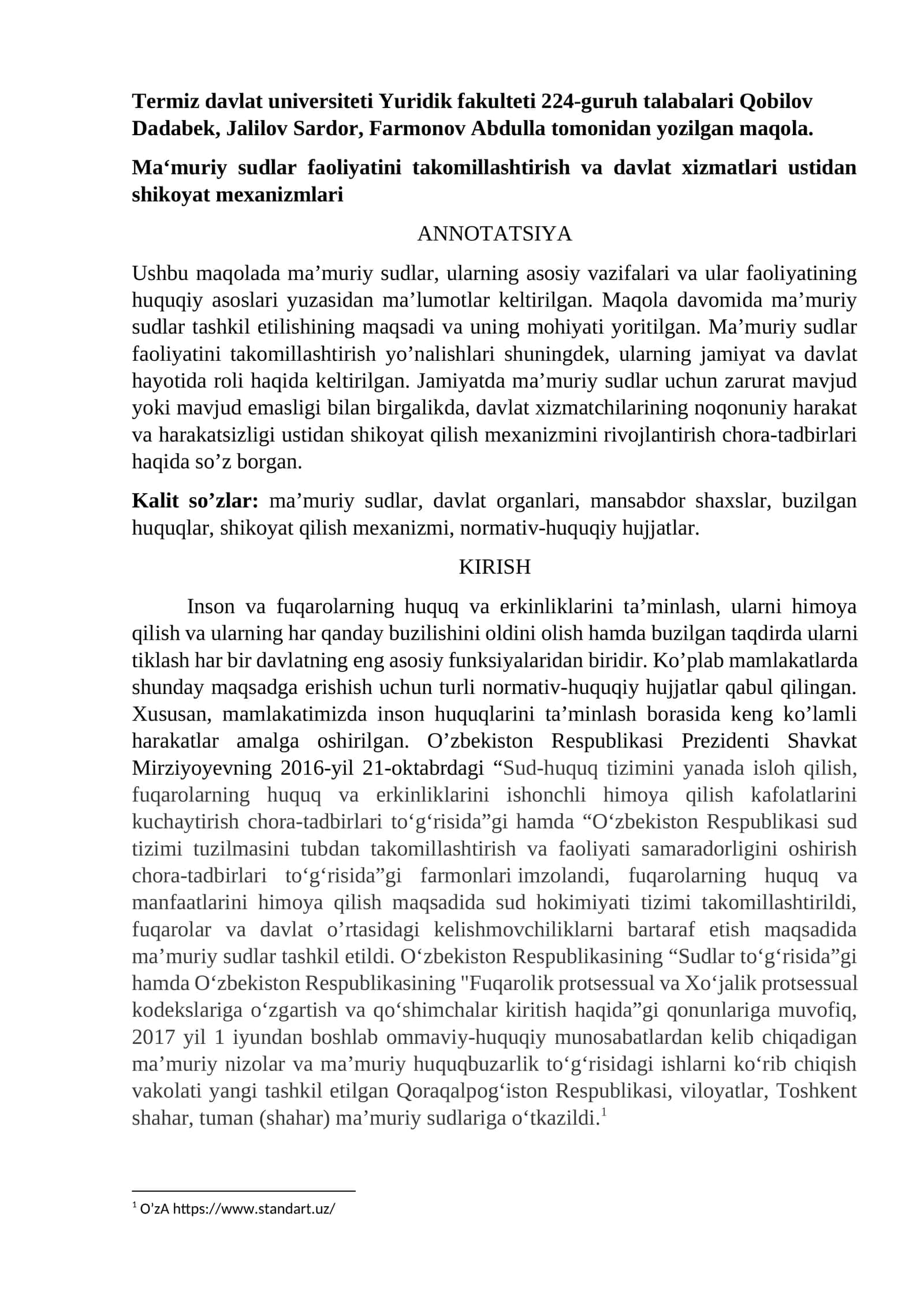 Ma‘muriy sudlar faoliyatini takomillashtirish va davlat xizmatlari ustidan shikoyat mexanizmlari