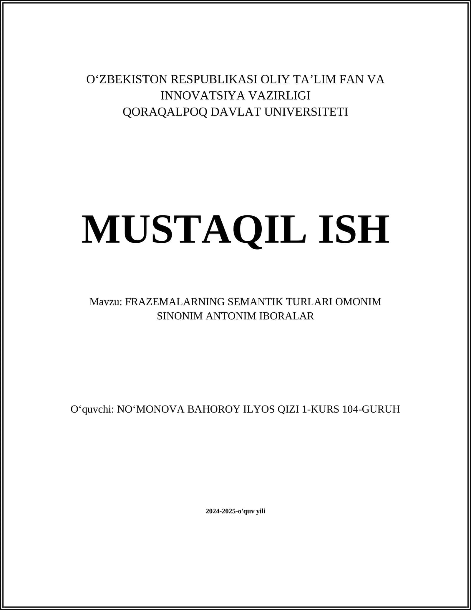 FRAZEMALARNING SEMANTIK TURLARI OMONIM SINONIM ANTONIM IBORALAR