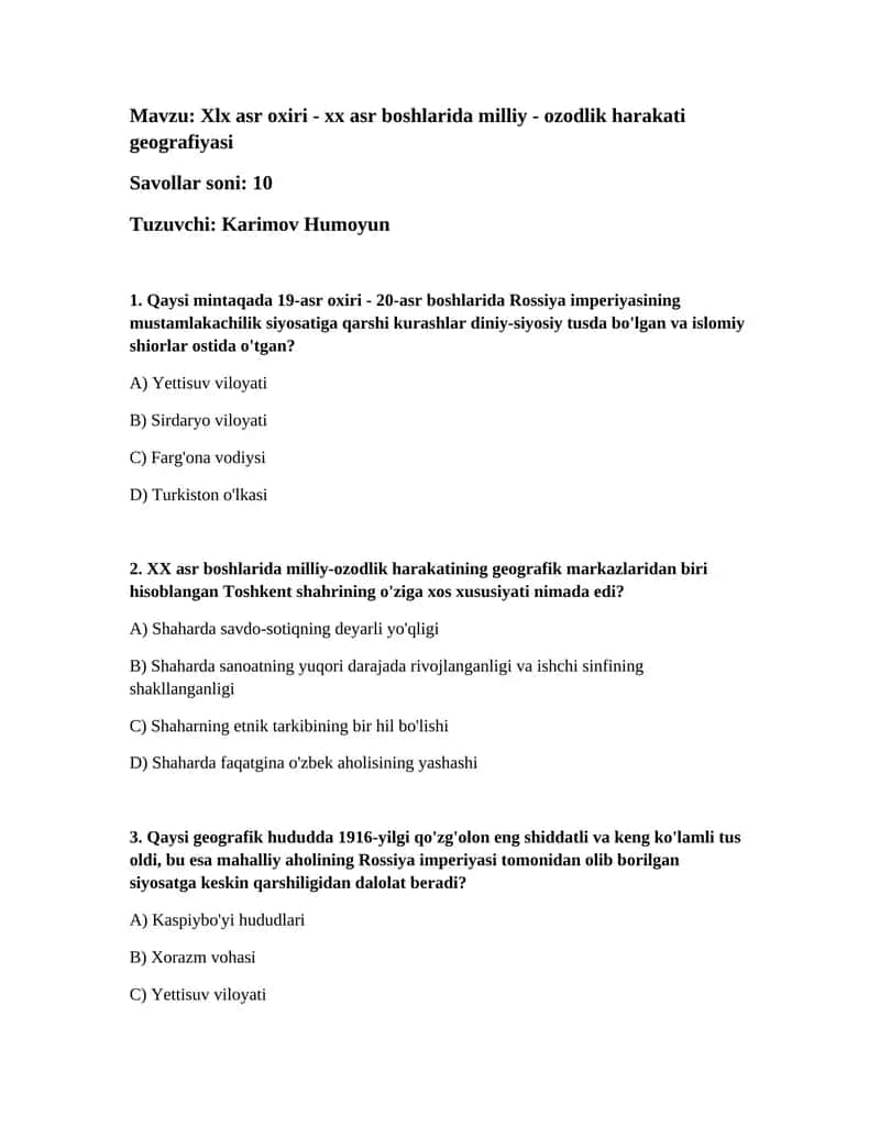 Xlx asr oxiri - xx asr boshlarida milliy - ozodlik harakati geografiyasi