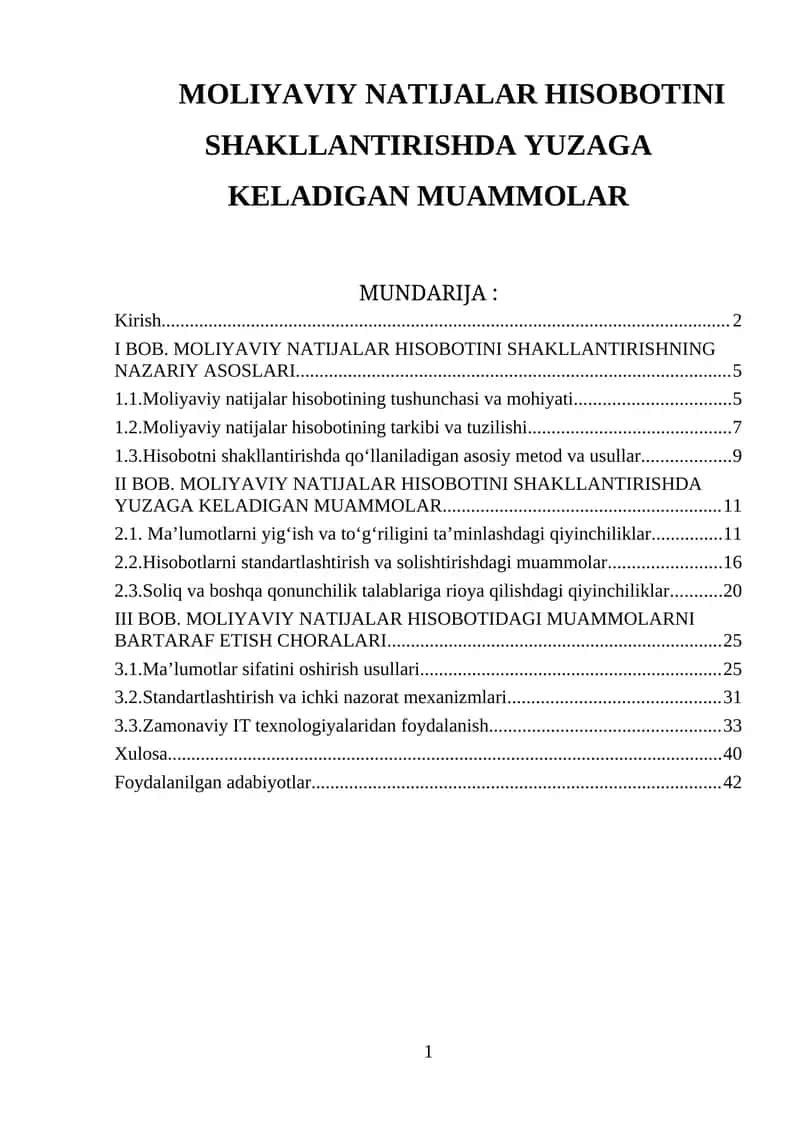 BOB. MOLIYAVIY NATIJALAR HISOBOTINI SHAKLLANTIRISHDA YUZAGA KELADIGAN MUAMMOLAR