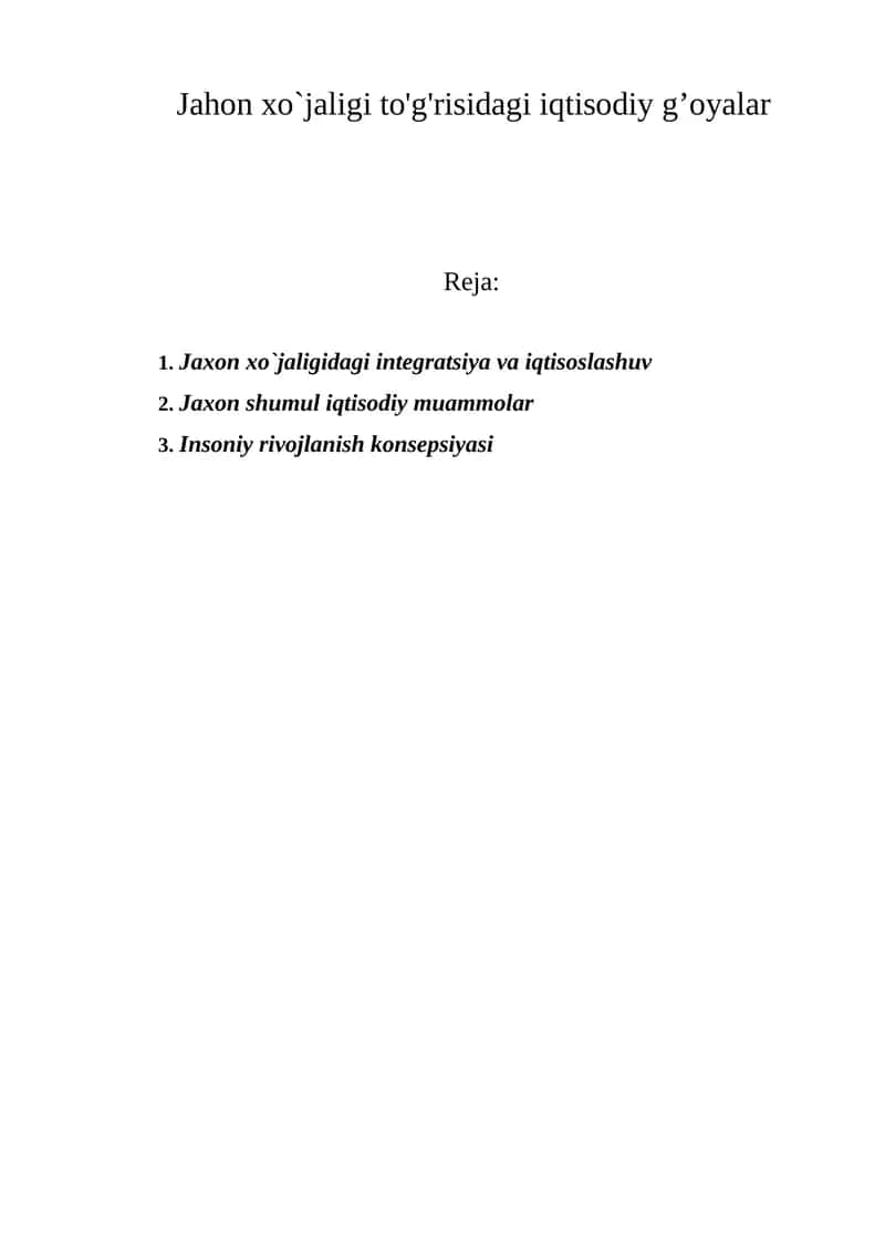 Jahon xo`jaligi to'g'risidagi iqtisodiy g’oyalar