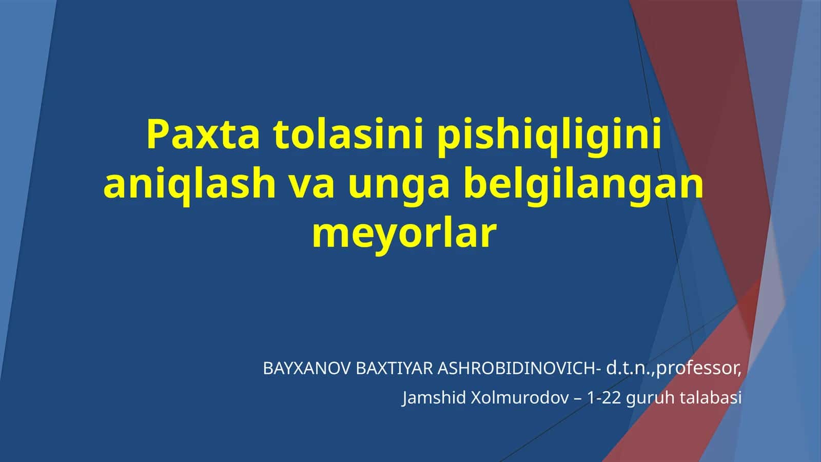 Paxta tolasini pishiqligini aniqlash va unga belgilangan meyorlar