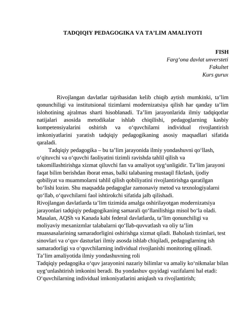 esse TADQIQIY PEDAGOGIKA VA TA’LIM AMALIYOTI