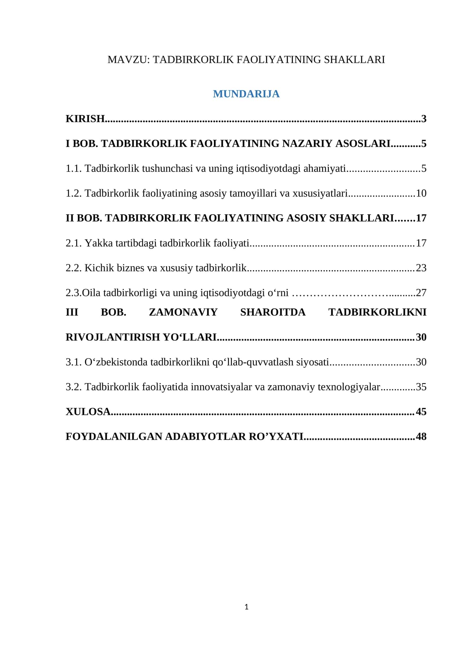 TADBIRKORLIK FAOLIYATINING SHAKLLARI
