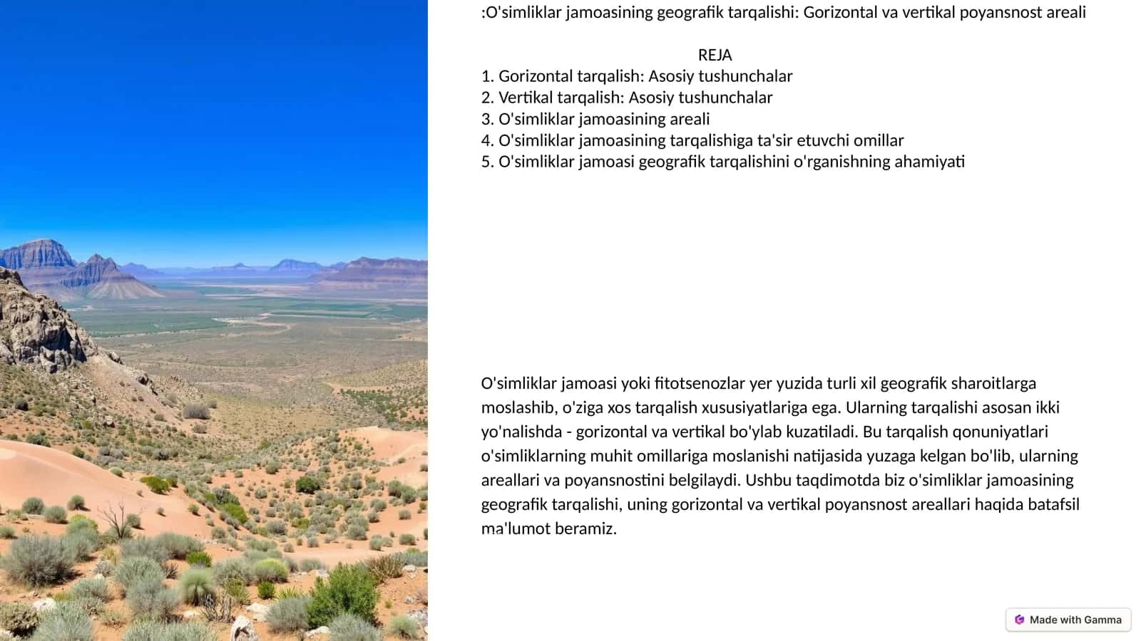 O'simliklar jamoasining geografik tarqalishi: Gorizontal va vertikal poyansnost areali