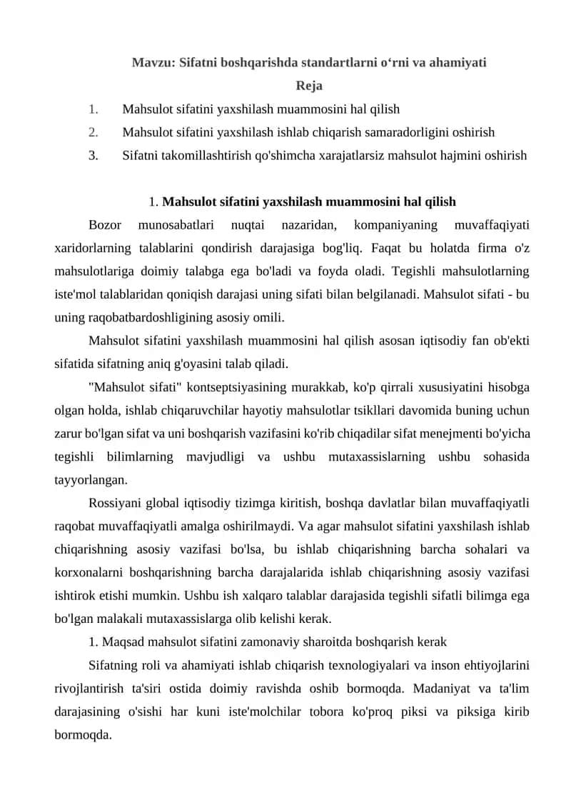 Mahsulot sifati