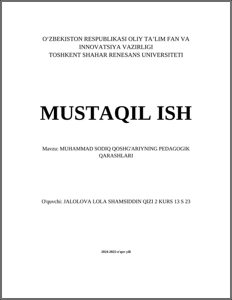 MUHAMMAD SODIQ QOSHG'ARIYNING PEDAGOGIK QARASHLARI