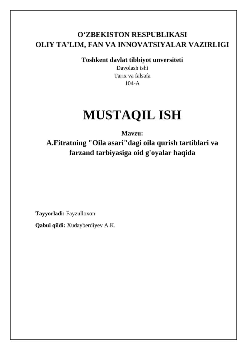 Fitratning "Oila" asari: Mazmun va mohiyat