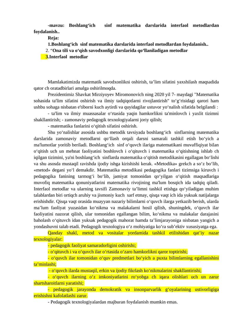Boshlang‘ich sinf matematika darslarida interfaol metodlardan foydalanish