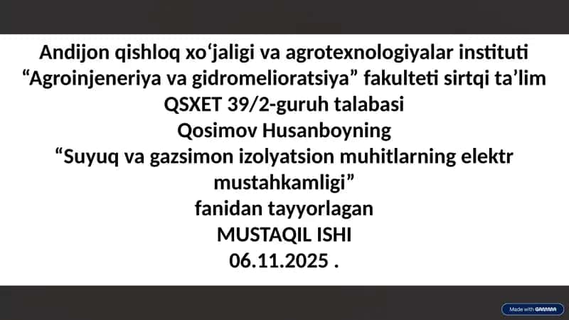 Suyuq va gazsimon izolyatsion muhitlarning elektr mustahkamligi