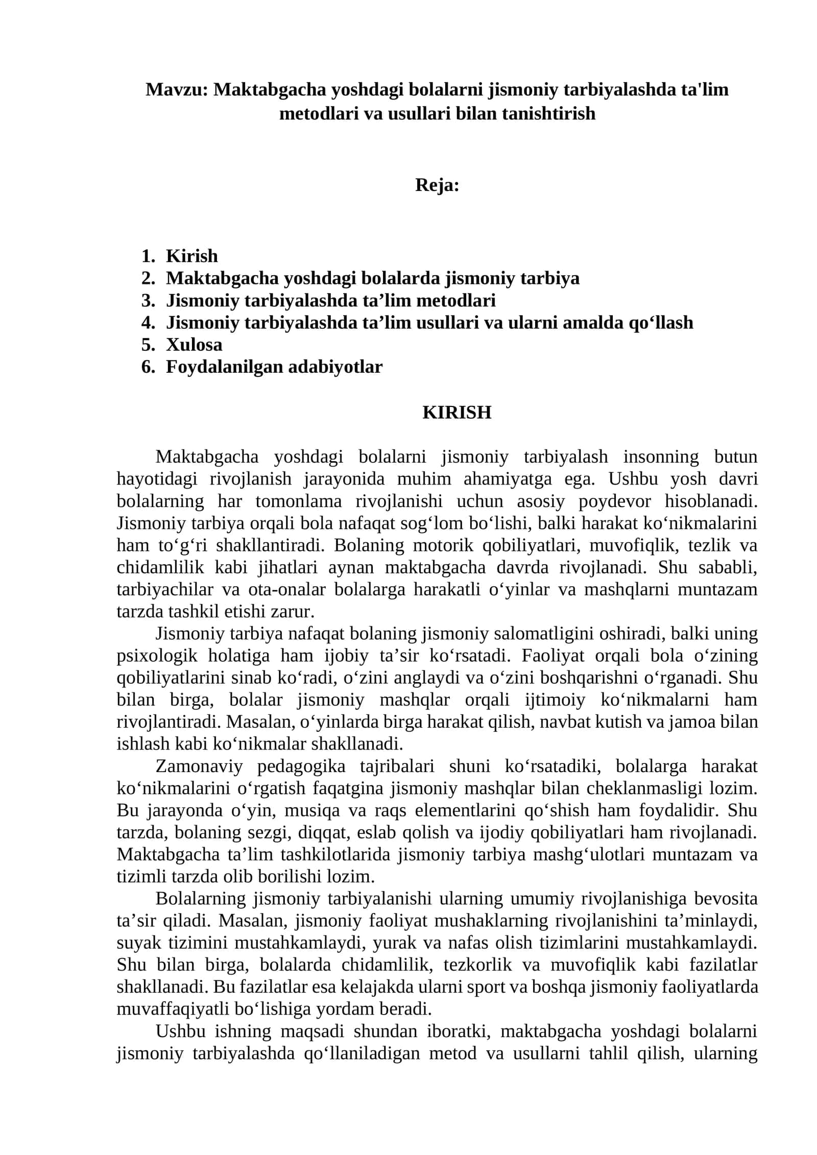 Maktabgacha yoshdagi bolalarni jismoniy tarbiyalashda ta'lim metodlari va usullari bilan tanishtirish