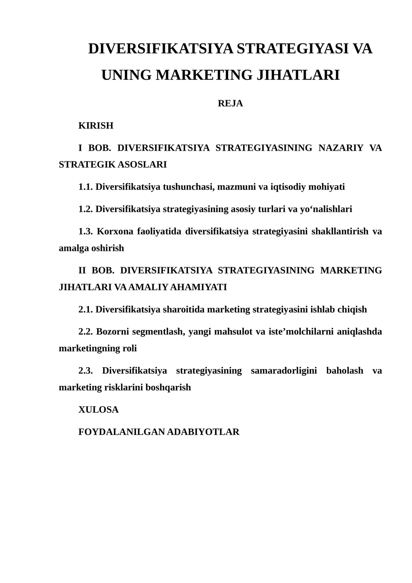 DIVERSIFIKATSIYA STRATEGIYASI VA UNING MARKETING JIHATLARI