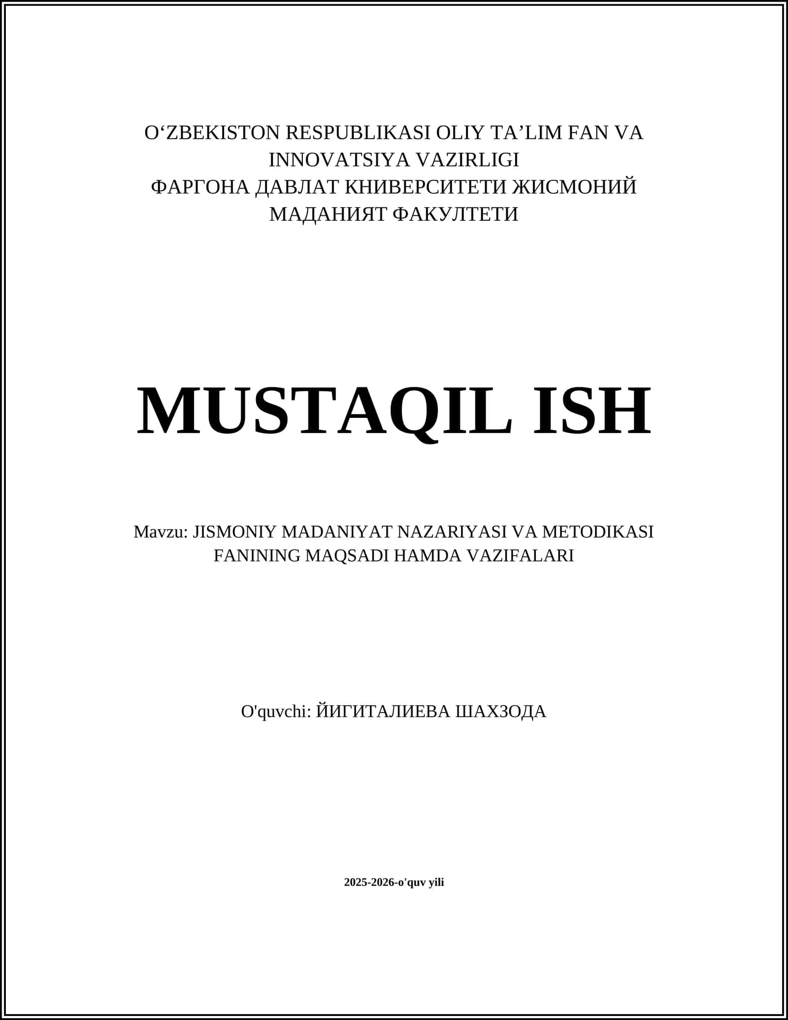 JISMONIY MADANIYAT NAZARIYASI VA METODIKASI FANINING MAQSADI HAMDA VAZIFALARI