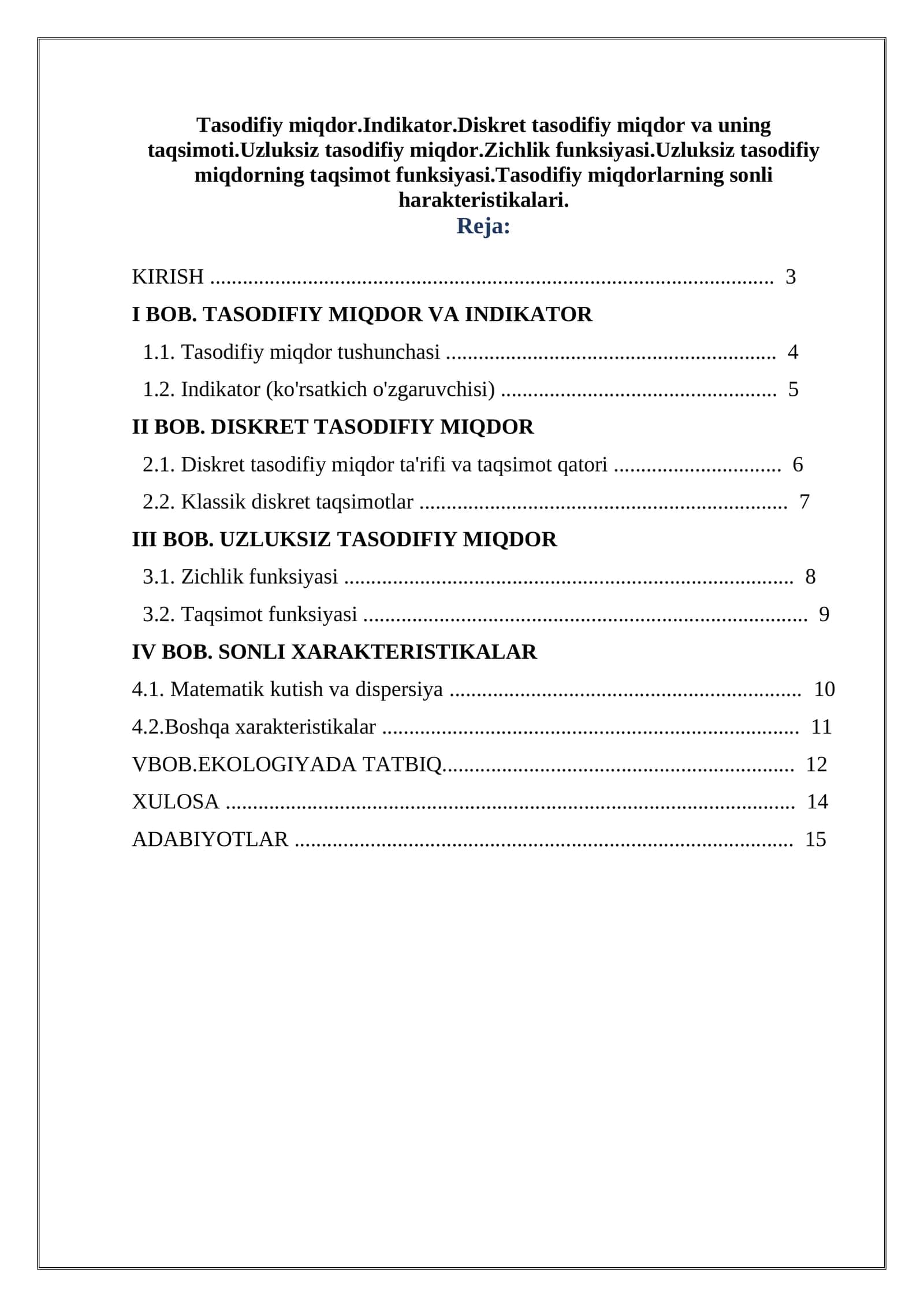 TASODIFIY MIQDOR VA UNING TAQSIMOTI