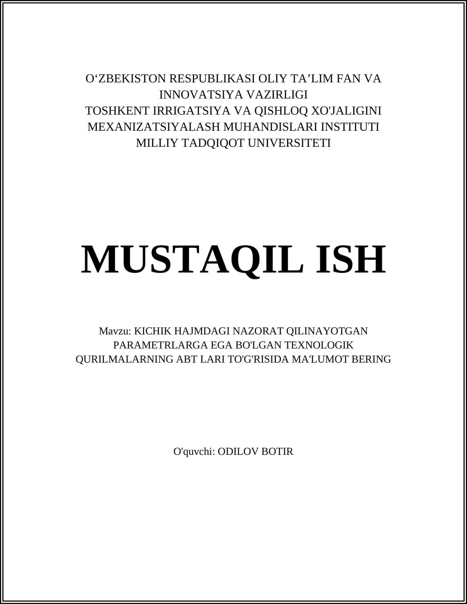 KICHIK HAJMDAGI NAZORAT QILINAYOTGAN PARAMETRLARGA EGA BO'LGAN TEXNOLOGIK QURILMALARNING ABT LARI TO'G'RISIDA MA'LUMOT BERING