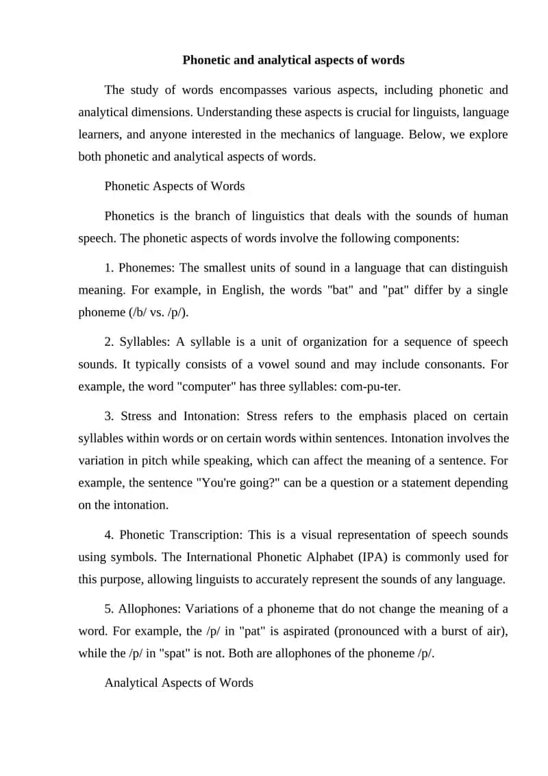 Phonetic and analytical aspects of words