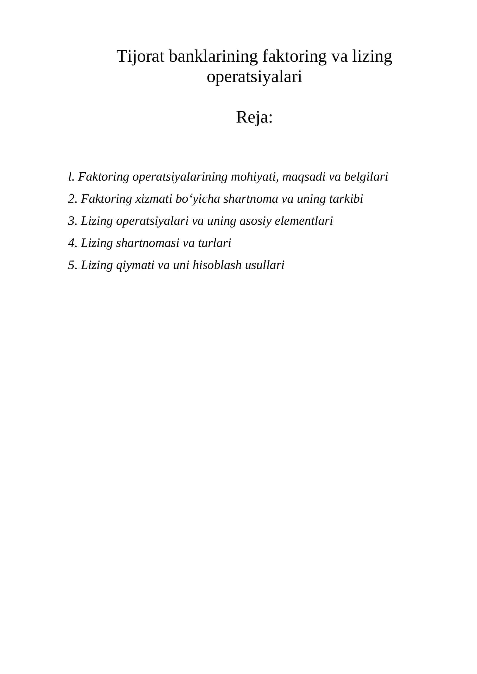 Tijorat banklarining faktoring va lizing operatsiyalari