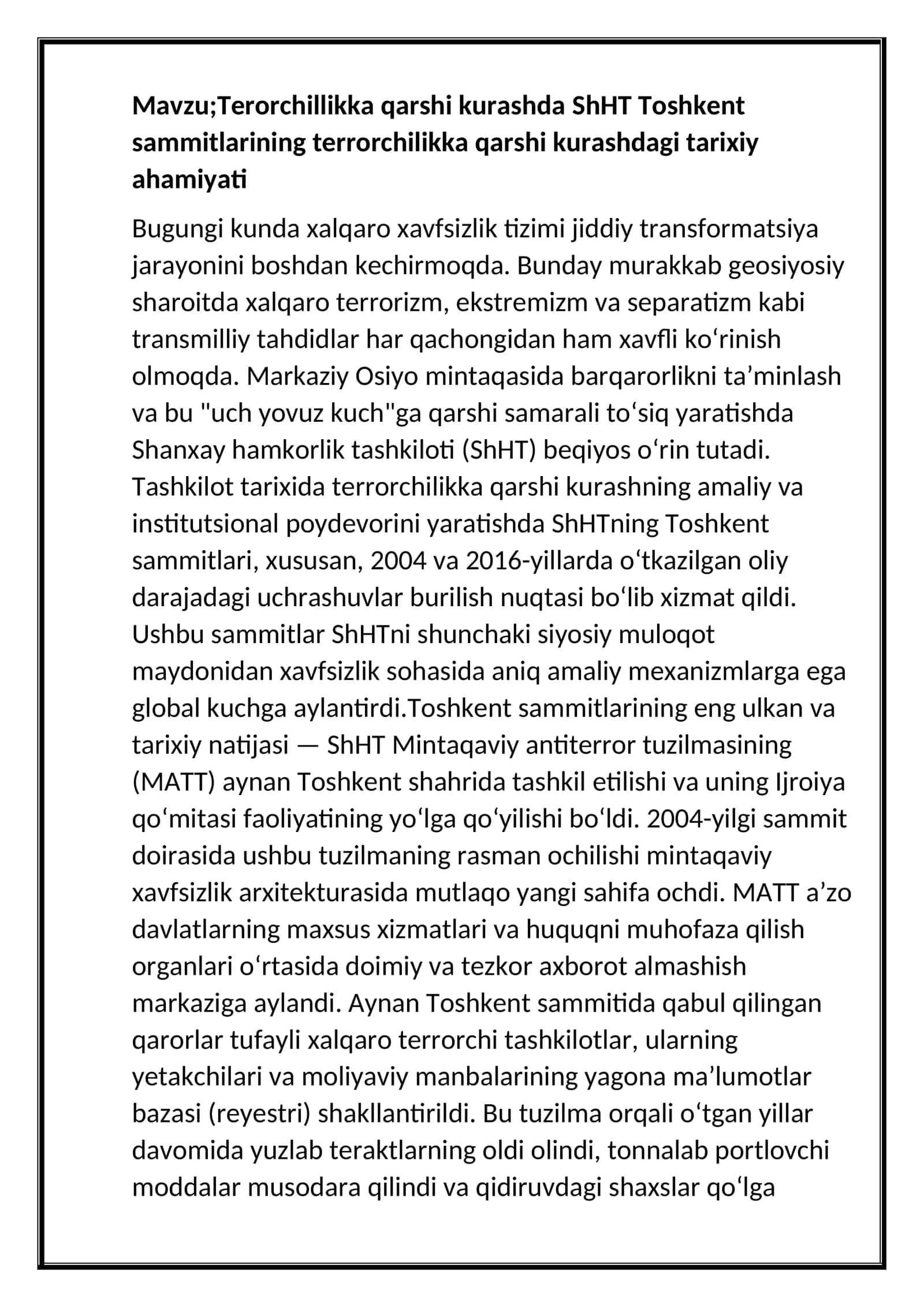 terrorga qarshi kurashda shht toshkent