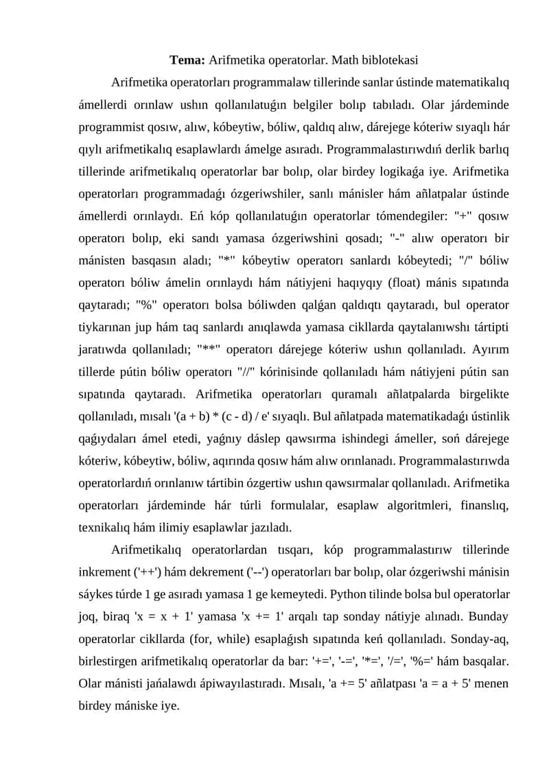 Arifmetika operatorlar. Math biblotekasi