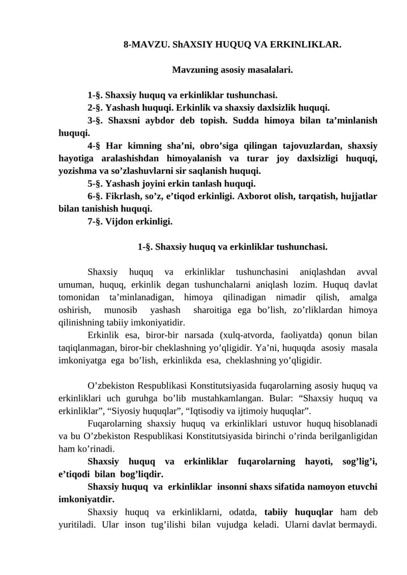 ShAXSIY HUQUQ VA ERKINLIKLAR