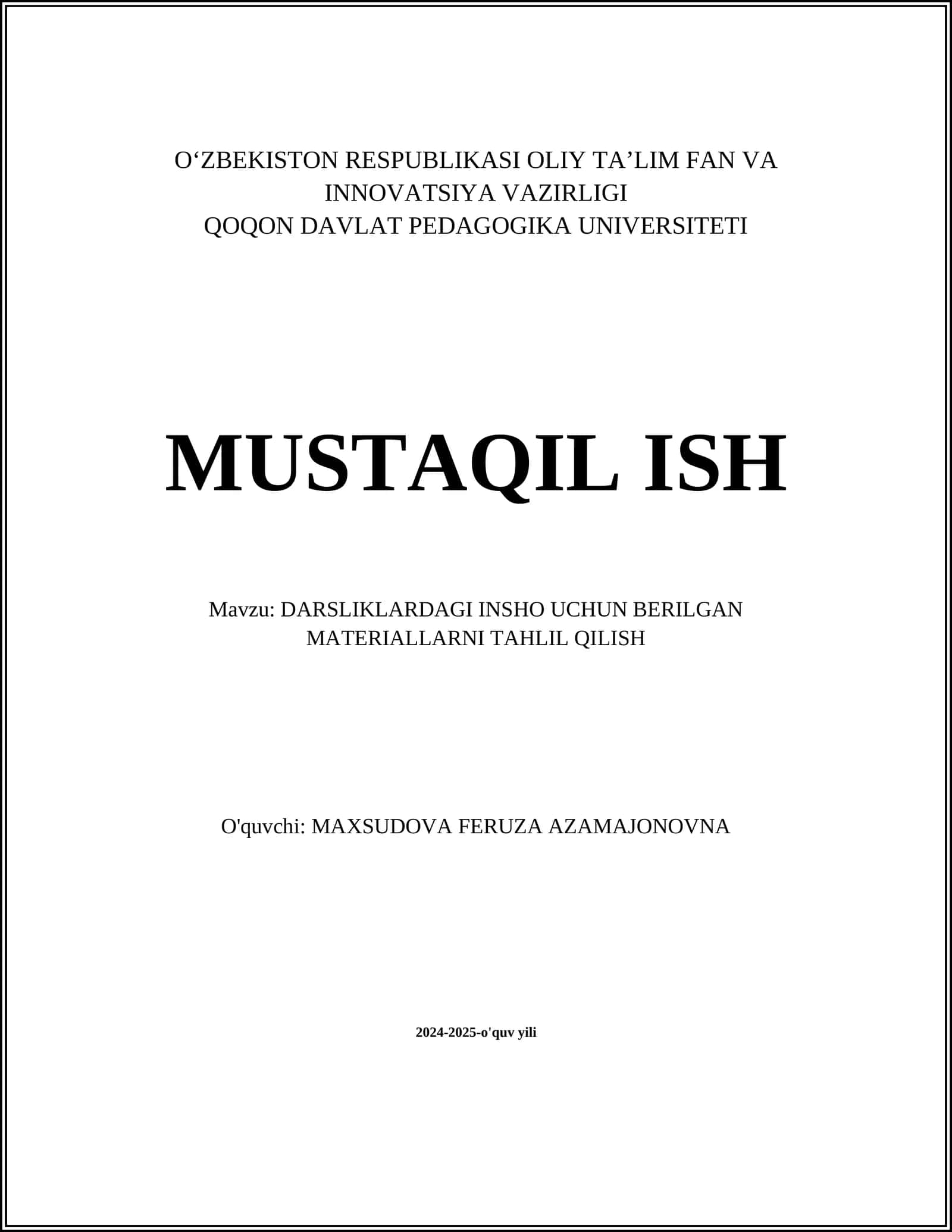 DARSLIKLARDAGI INSHO UCHUN BERILGAN MATERIALLARNI TAHLIL QILISH