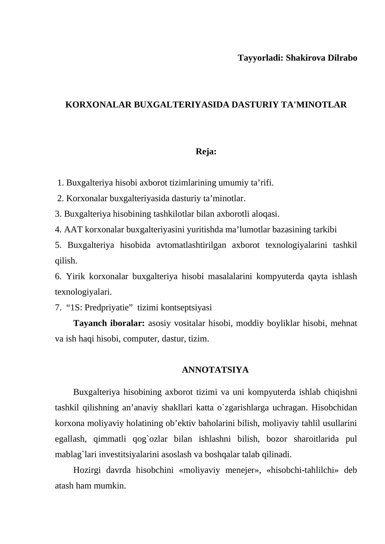 Korxonalar buxgalteriyasida dasturiy ta'minotlar