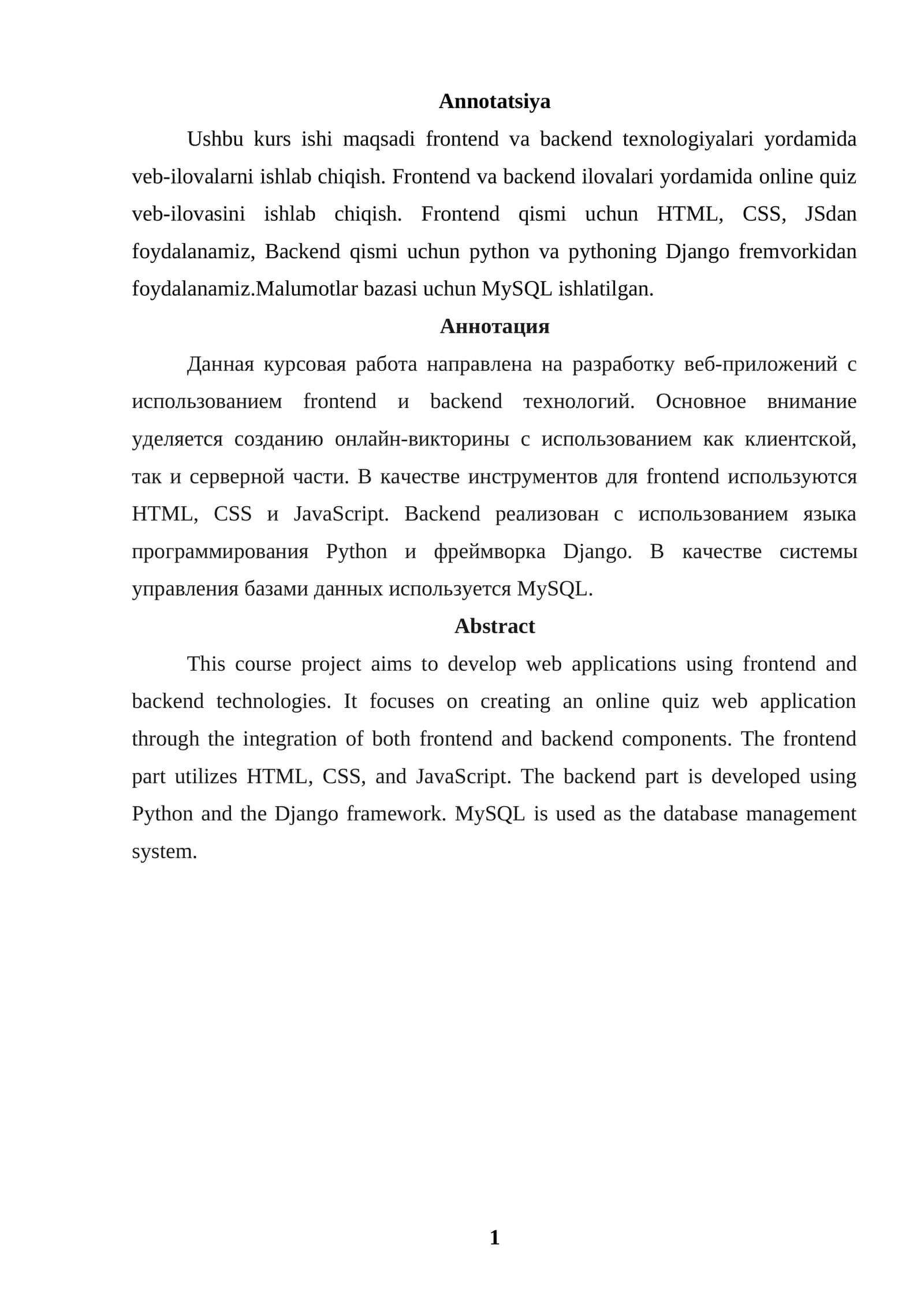 Veb-ilovalar ishlab chiqish,Frontend va Backend texnologiyalari