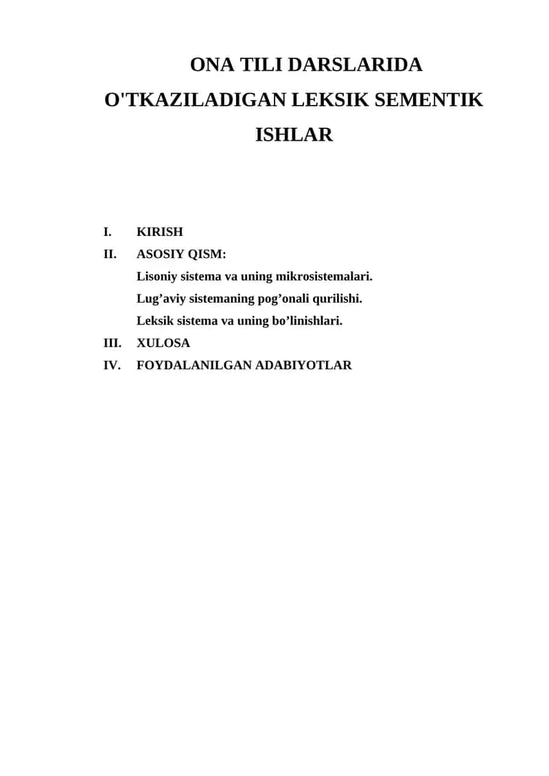 ONA TILI DARSLARIDA O'TKAZILADIGAN LEKSIK SEMENTIK ISHLAR