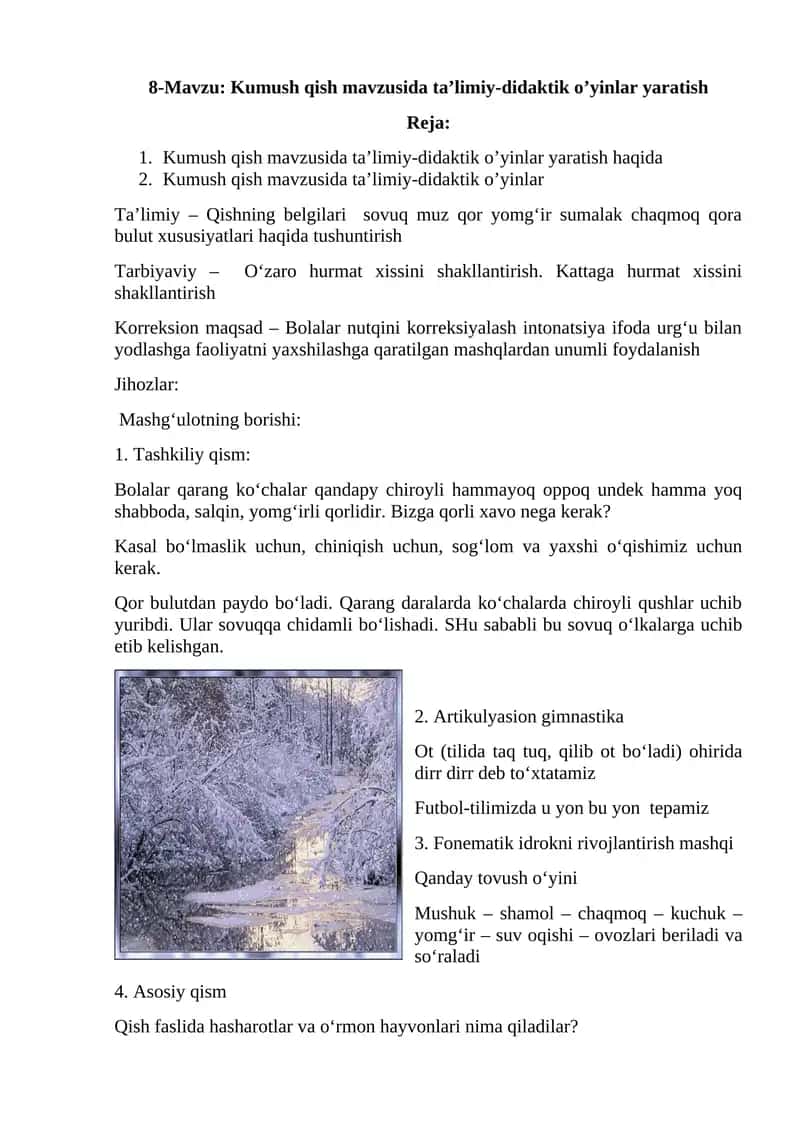 Kumush qish mavzusida ta’limiy-didaktik o’yinlar yaratish
