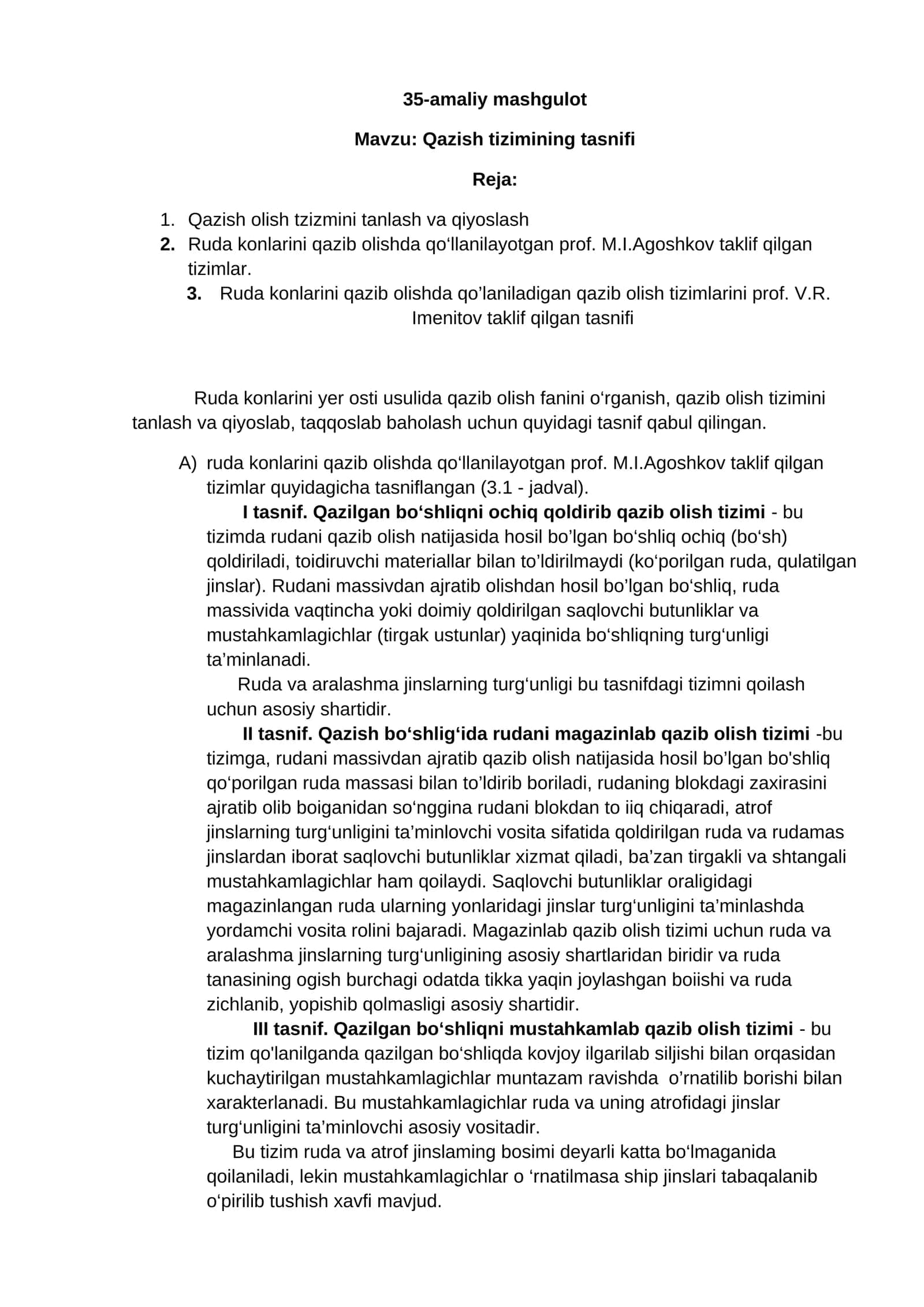 Qazish tizimining tasnifi