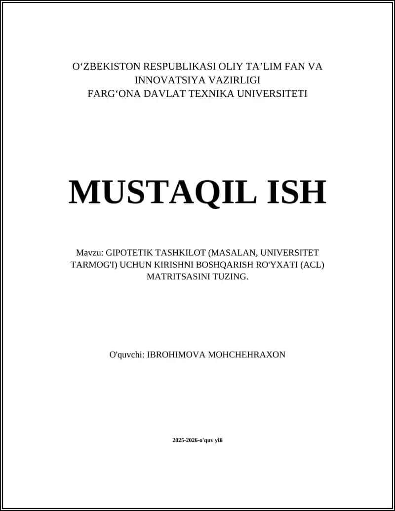 Gipotezik tashkilot uchun kirishni boshqarish ro'yxati (ACL) matritsasi