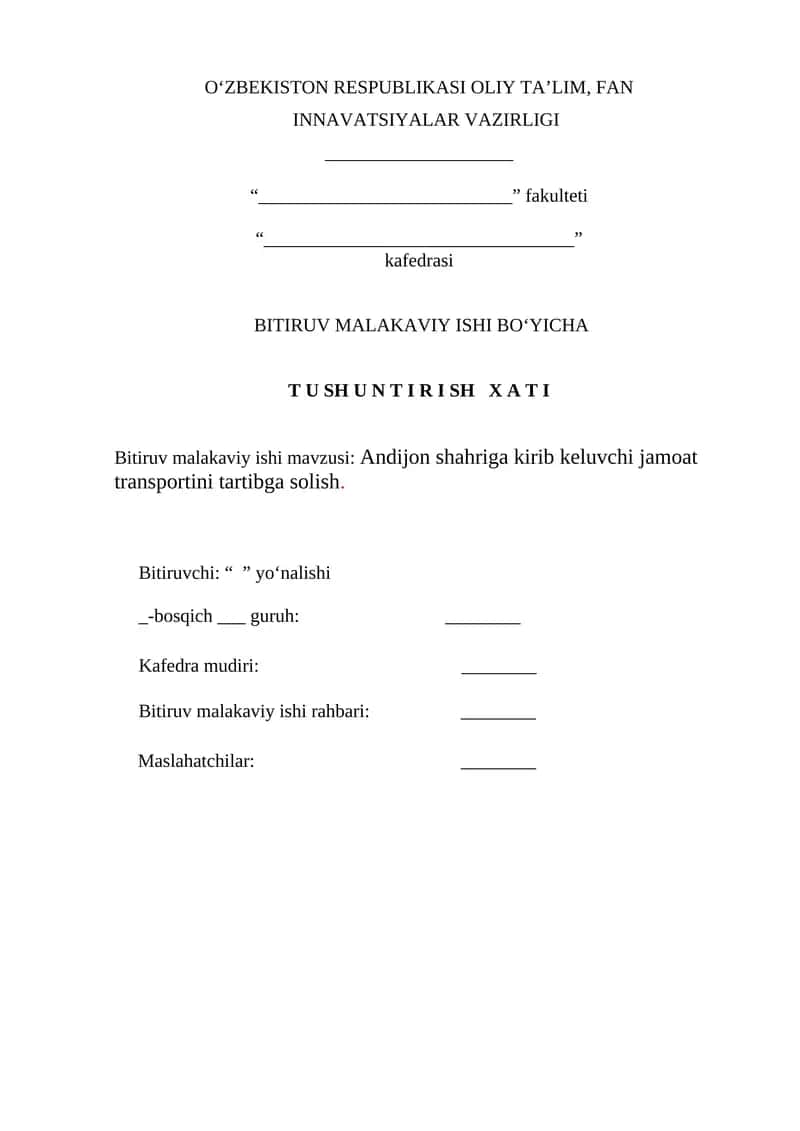 Andijon shahriga kirib keluvchi jamoat transportini tartibga solish.