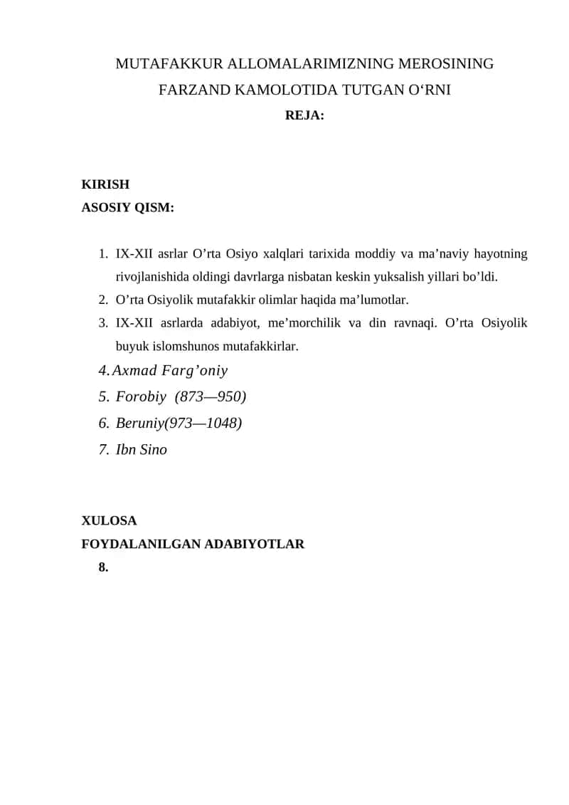 MUTAFAKKUR ALLOMALARIMIZNING MEROSINING FARZAND KAMOLOTIDA TUTGAN OʻRNI