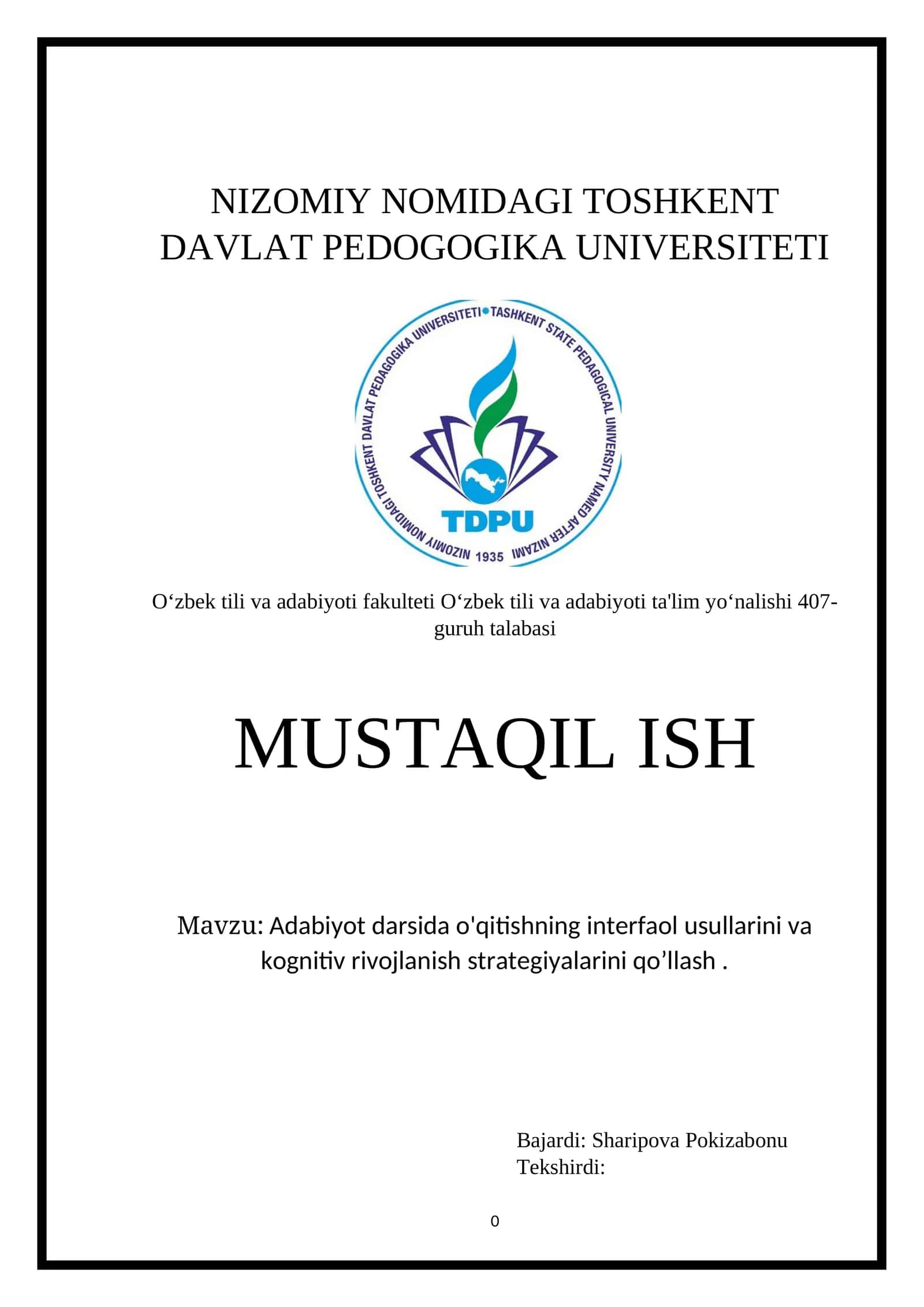 Adabiyot darsida o'qitishning interfaol usullarini va kognitiv rivojlanish strategiyalarini qo’llash