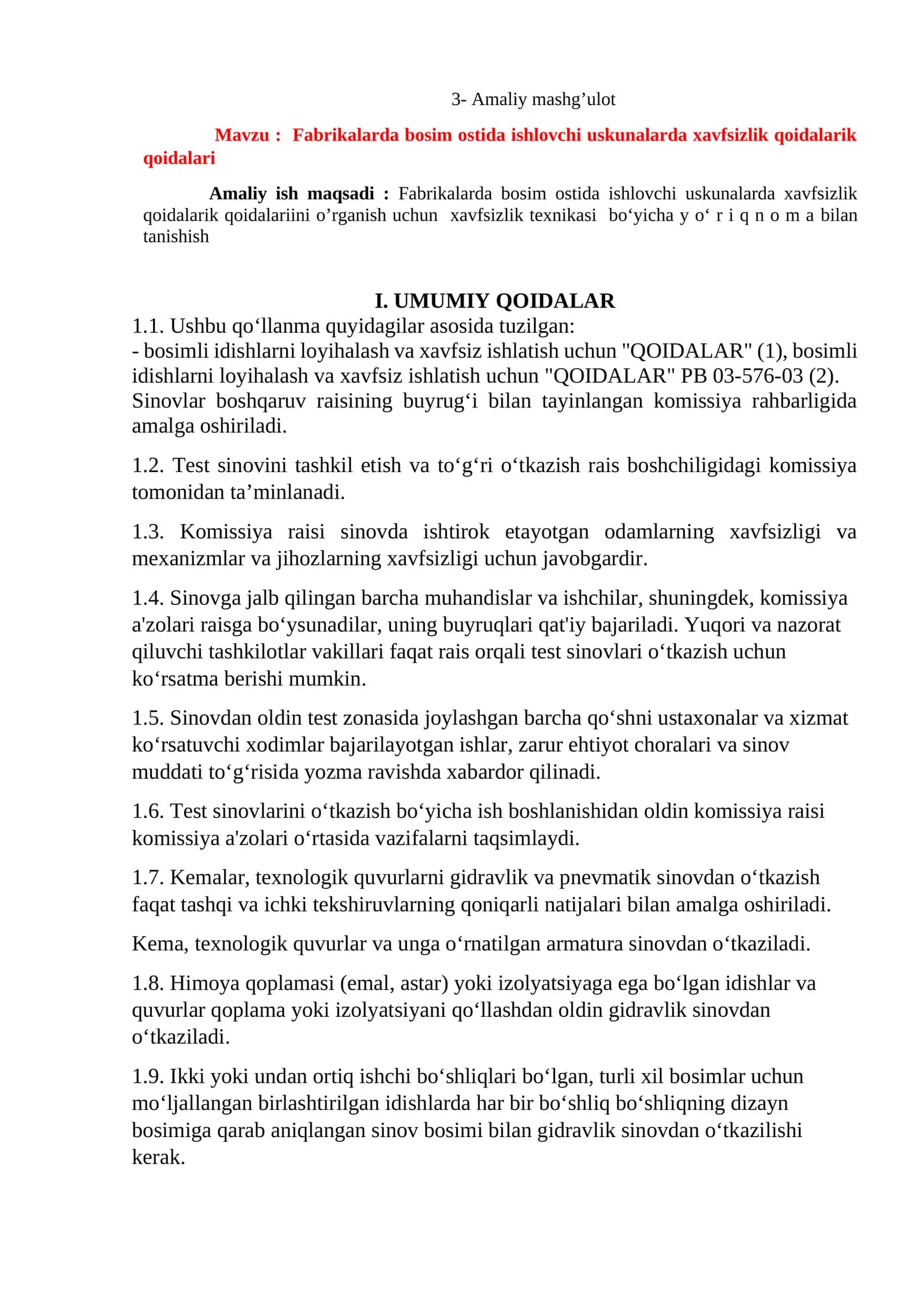Fabrikalarda bosim ostida ishlovchi uskunalarda xavfsizlik qoidalarik qoidalari